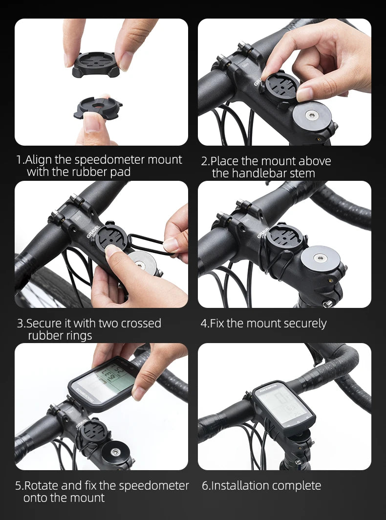 Step-by-step installation guide for a bicycle speedometer mount.