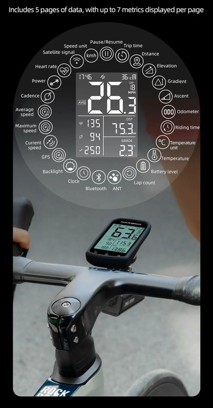 Bicycle computer displaying metrics on a handlebar with a blurred background