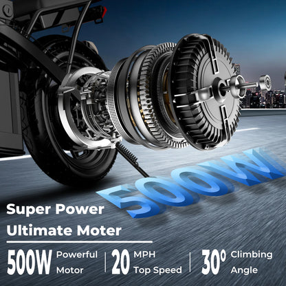 Motorcycle gear system with '500W' text on a road, cityscape background