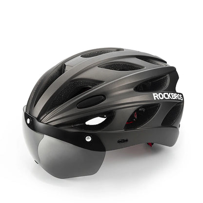 Black helmet with visor and 'RockBros' branding on a white background
