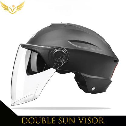 Black helmet with a clear visor on a white background