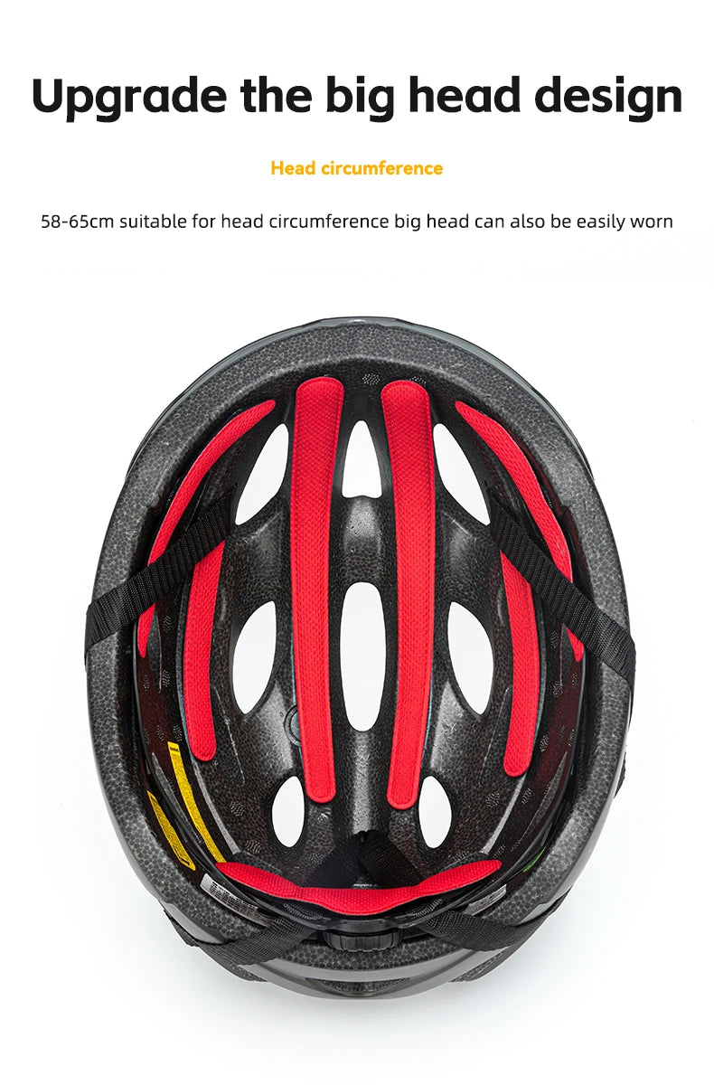 Black and red helmet with text on a white background