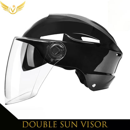 Black helmet with a clear visor on a white background