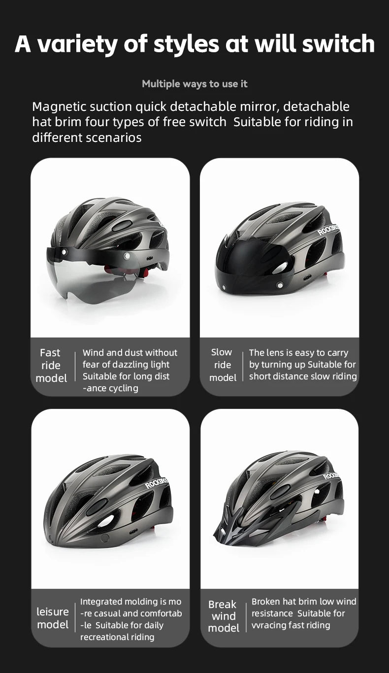 Black bicycle helmet with magnetic suction quick detachable mirror and detachable brim on a white background.