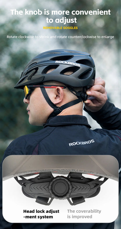 Person adjusting a black helmet with 'Rockbros' branding, featuring text about knob convenience and head lock system.