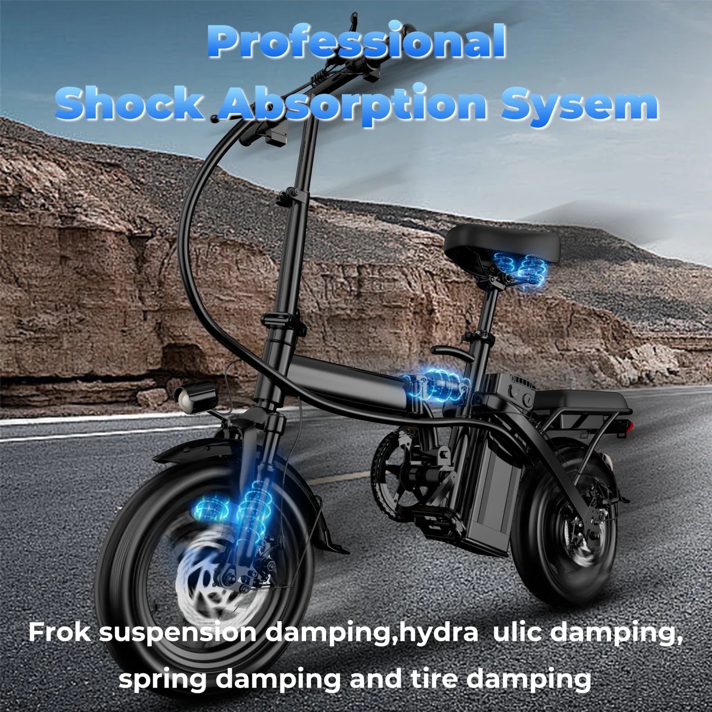 Electric bike with shock absorption system features on a road with rocky landscape.