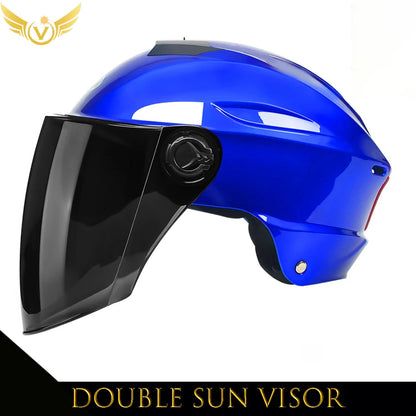 Blue helmet with a black visor on a white background