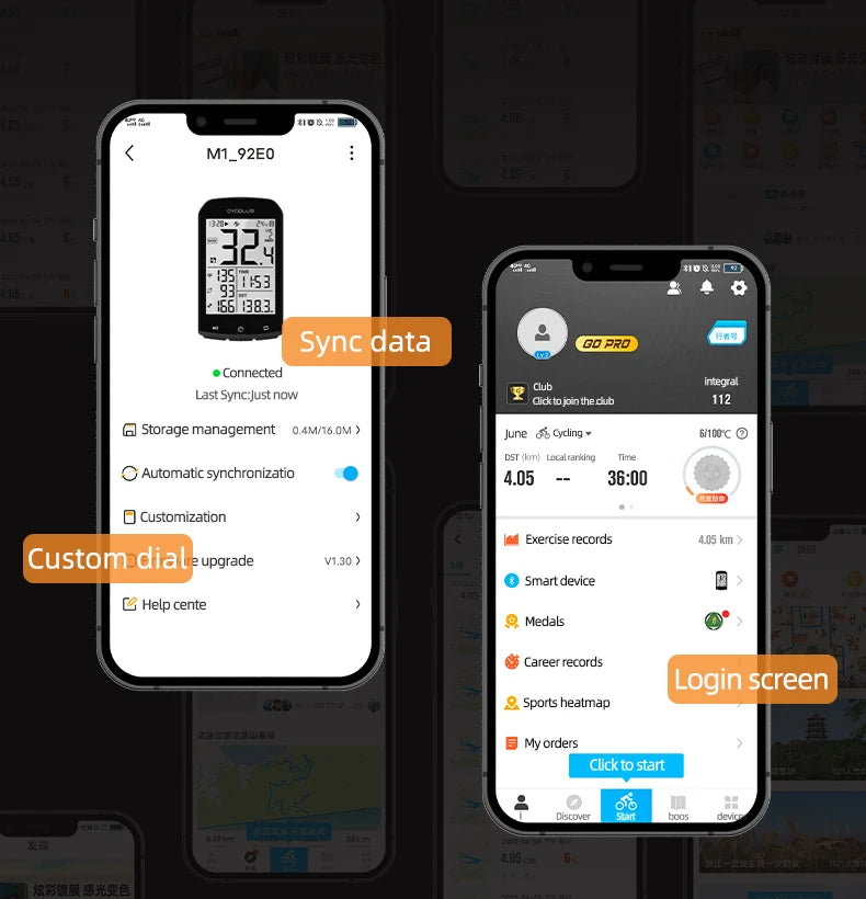 Two smartphone screens displaying an app interface with sync data and login screen options.